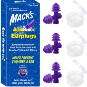 Mack's AquaBlock Swimming Earplugs, 3 Pair - Comfortable, Waterproof, Reusable Silicone Ear Plugs for Swimming, Snorkeling, Showering, Surfing and Bathing