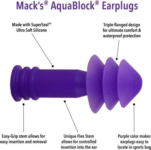 Mack's AquaBlock Swimming Earplugs, 3 Pair - Comfortable, Waterproof, Reusable Silicone Ear Plugs for Swimming, Snorkeling, Showering, Surfing and Bathing
