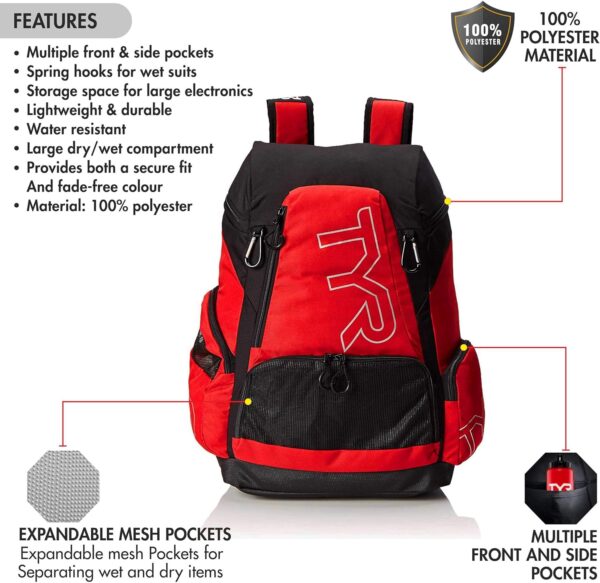 TYR Alliance Backpack, RedBlack, 45 Liter; swimming backpack; swimming equipment; backpack; swim time log