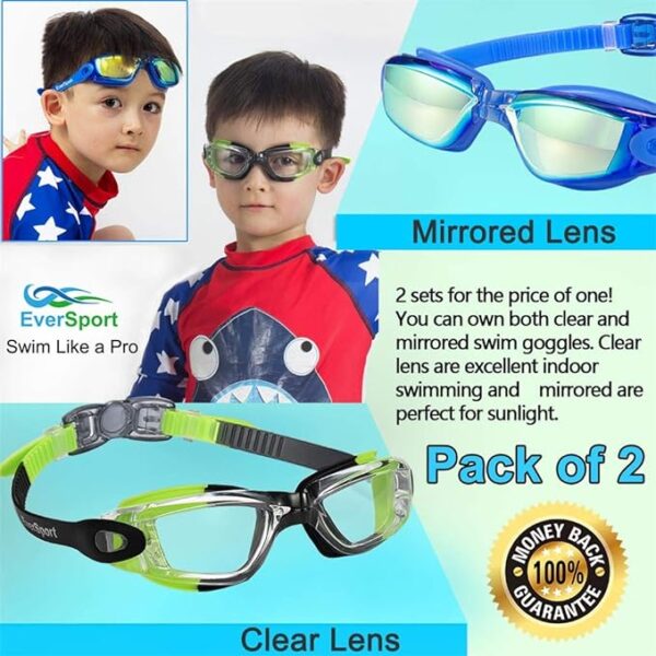 EverSport Kids Swim Goggles, Pack of 2 Swimming Goggles for Children Teens, Anti-Fog Anti-UV Youth Swim Glasses for Age4-16